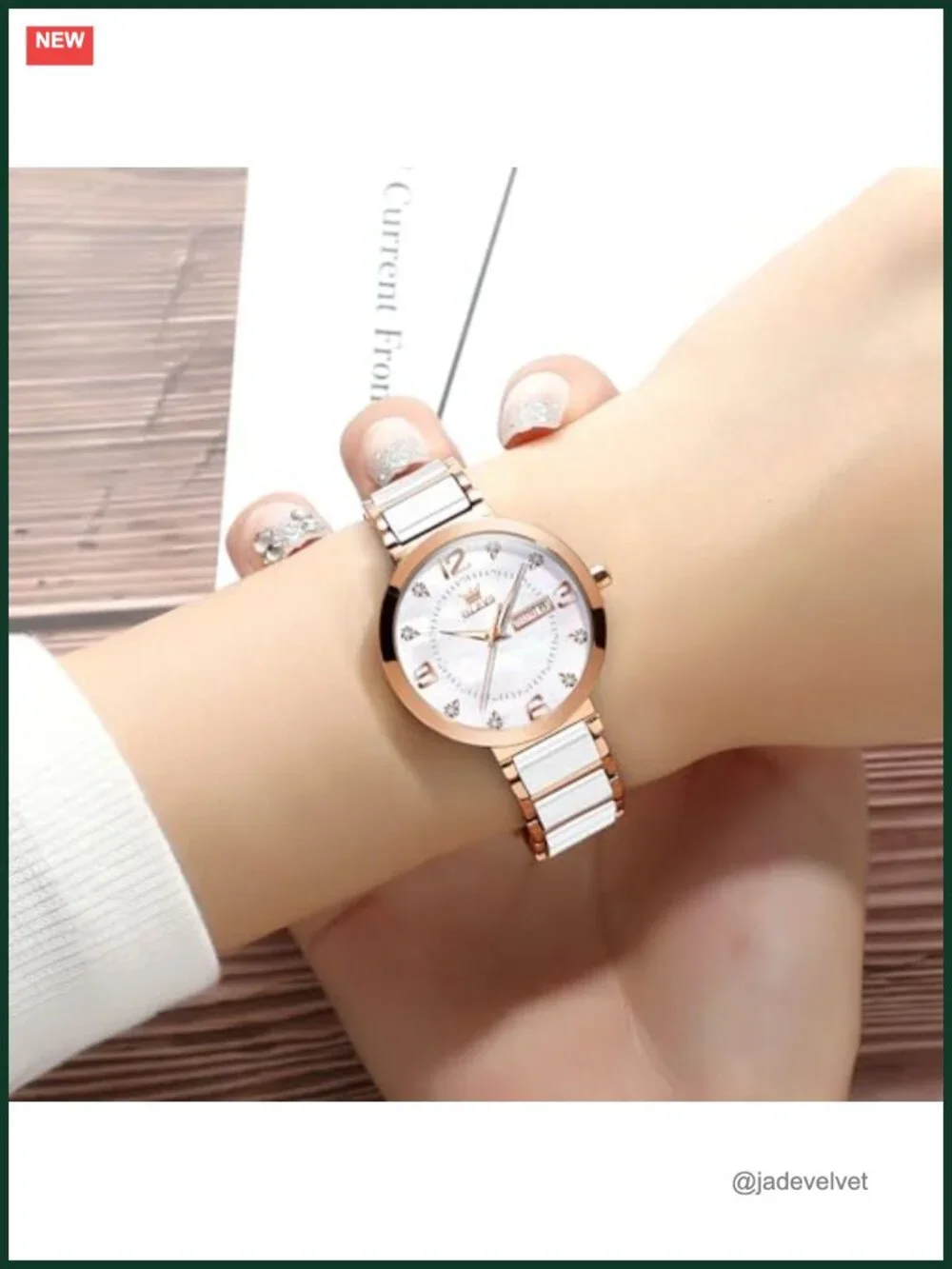 Luxury Ceramic & Stainless Steel Ladies Dress Watch - Pearl Dial, Diamond